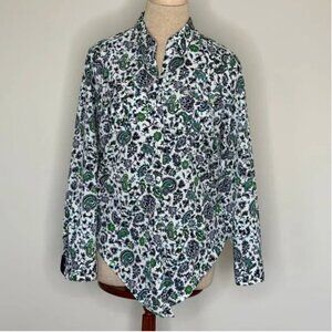 Jones New York Long Sleeve Button Up Paisley Blue Green Blouse Size PM